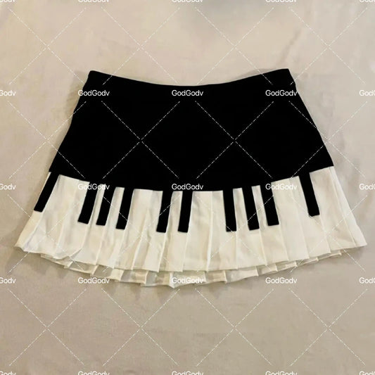 Spring Black White Spliced Women Short Skirt 2025 Y2k Slim Design Harajuku Mini Skirt Female Empire Korea Style Chic Piano Skirt