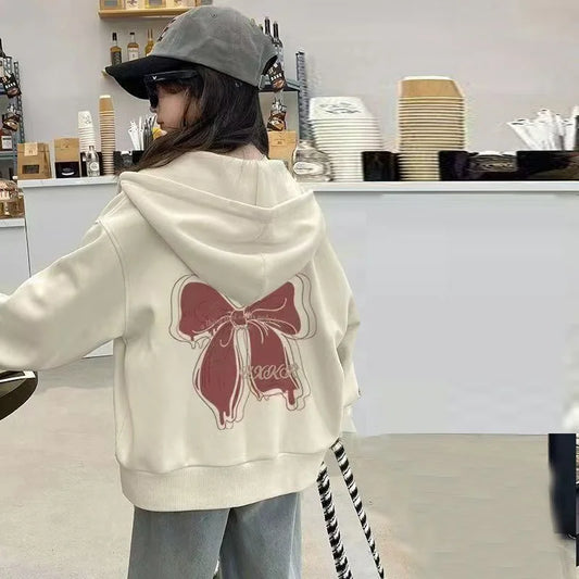 Girls Hooded Spring Jackets New Children Bow Print Coat 2025 Kids Autumn Fashion Outerwear Teenager Long-sleeved Hoodies Clothes