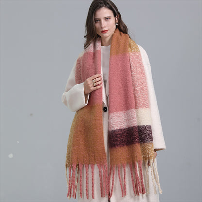Scarf Plaid European And American Plus Long Fringe Bib Fashion Striped Color Matching Winter Scarf Shawl Thick Beard