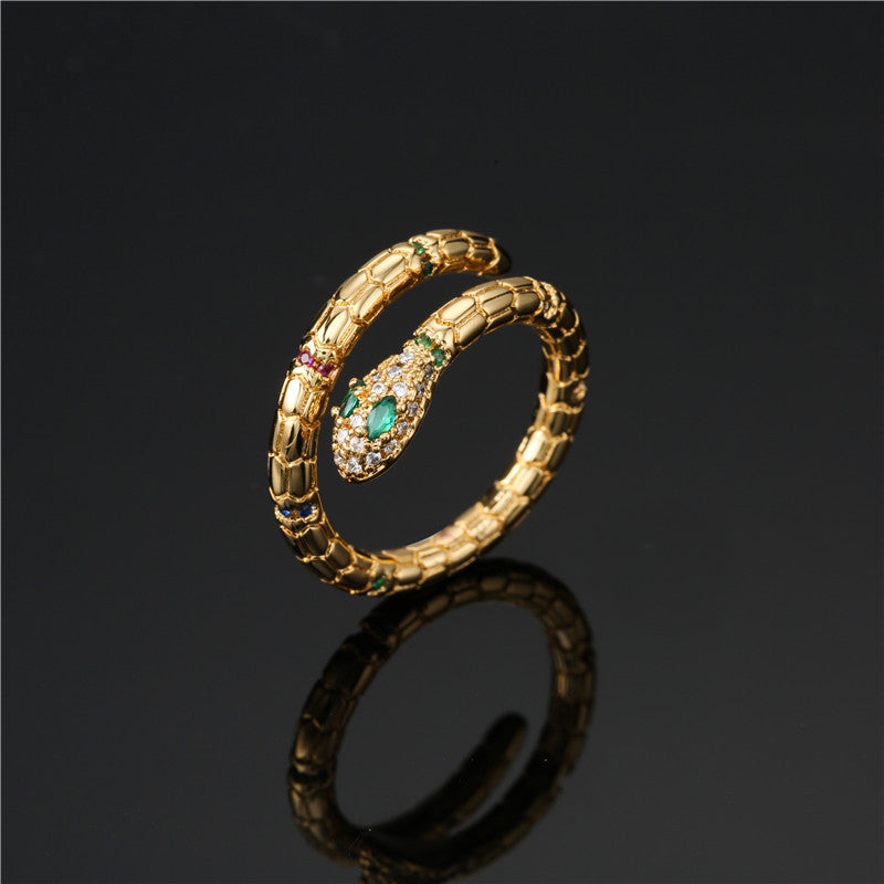 Gold Adjustable Snake Ring with Zircon