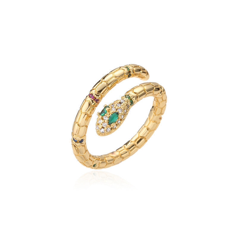 Gold Adjustable Snake Ring with Zircon