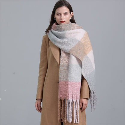 Scarf Plaid European And American Plus Long Fringe Bib Fashion Striped Color Matching Winter Scarf Shawl Thick Beard
