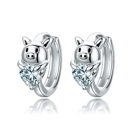 Hypoallergenic Cubic Zirconia Pig Small Cute Heart Huggie Hoop Earrings
