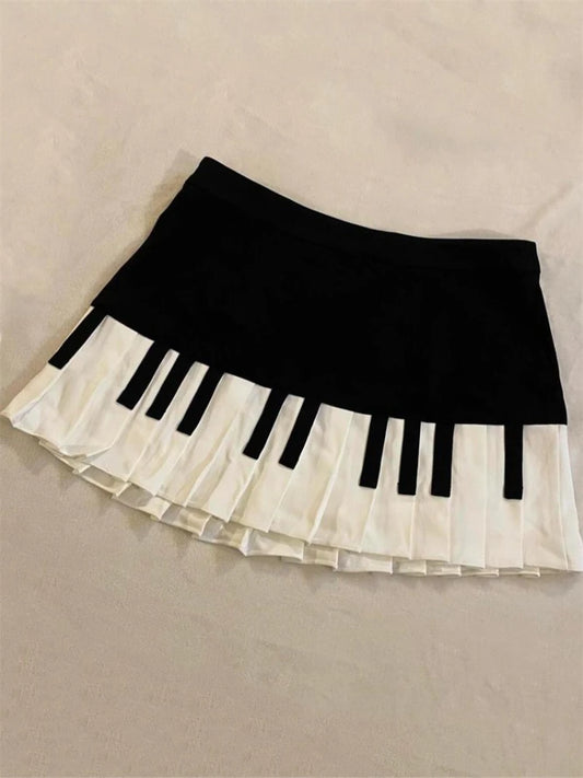 Spring Black White Spliced Women Short Skirt 2025 Y2k Slim Design Harajuku Mini Skirt Female Empire Korea Style Chic Piano Skirt