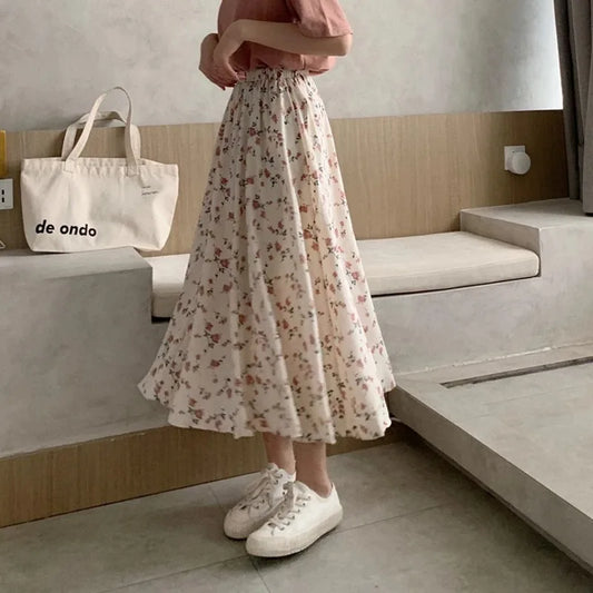 Vintage Floral Print A-line Pleated Long Skirts Summer Women Korean Skirt Streetwear Drawstring Elastic Waist Midi Skirt