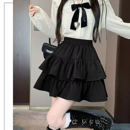 Mini Skirt Cute Sexy Balletcore Elastic High Waist Ball Gown Ruffle Patchwork Lolita Skirt Short Korean Sweet Y2K Women Clothing