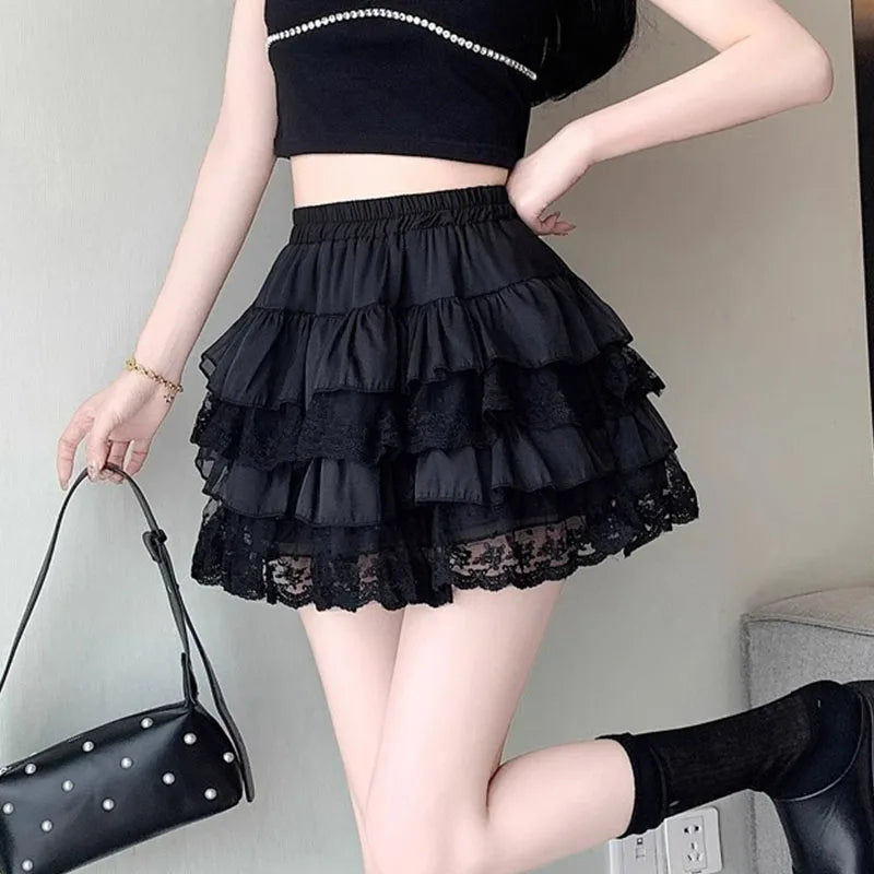 Elastic Gothic Lace Tutu Skirt Women Black Mesh Detail Petticoat Sexy Mini Tulle Skirts Party Club Wear Dancer