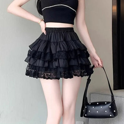 Elastic Gothic Lace Tutu Skirt Women Black Mesh Detail Petticoat Sexy Mini Tulle Skirts Party Club Wear Dancer