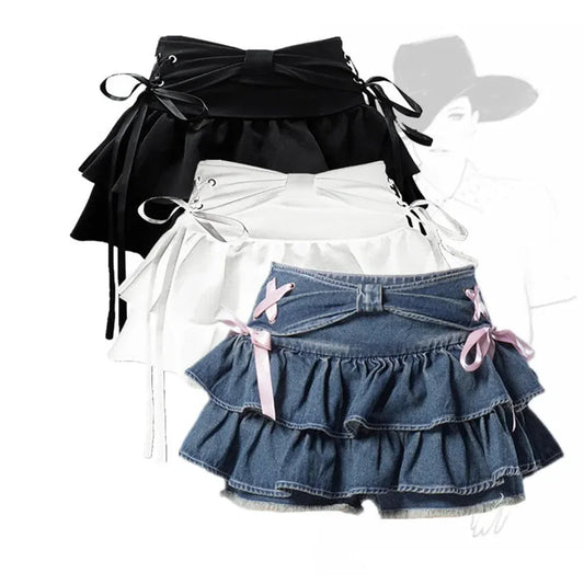 New Fashion Women Hot Girl Sweet Kawaii Bow Vintage Y2k Clothes American Streetwear Sexy Summer A-line Gothic Mini Denim Skirts