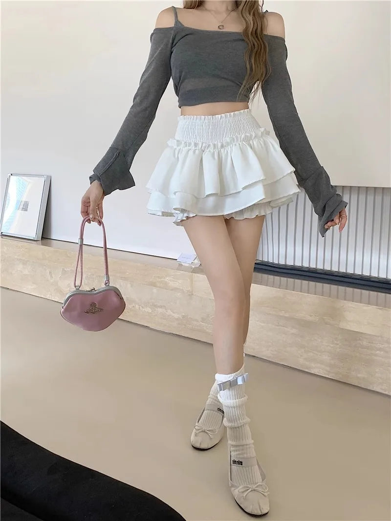 Mini Skirt Cute Sexy Balletcore Elastic High Waist Ball Gown Ruffle Patchwork Lolita Skirt Short Korean Sweet Y2K Women Clothing