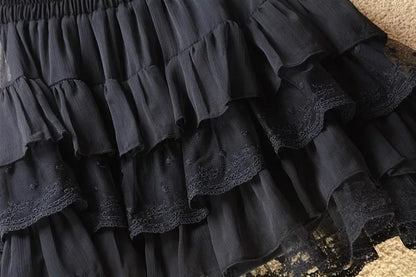 Elastic Gothic Lace Tutu Skirt Women Black Mesh Detail Petticoat Sexy Mini Tulle Skirts Party Club Wear Dancer