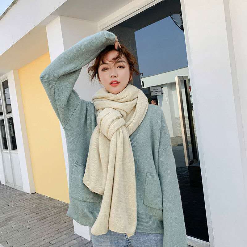 Pure Color Knitted Wool Scarf for Women